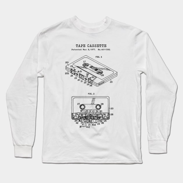 Tape Cassette Patent Black Long Sleeve T-Shirt by Luve